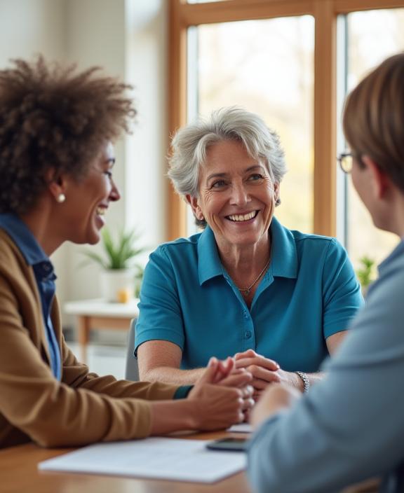 A friendly Meridian Bloom care manager in a warm consultation with a senior client and their family.
